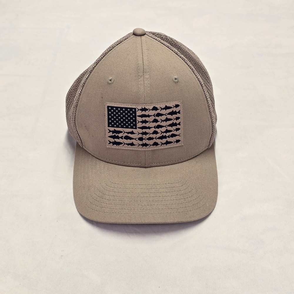 Columbia PFG Performance Fishing Hat Tan Mesh American Flag Fish Logo‎ Cap L/XL